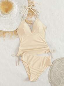 Swim Chiccia 女士黑色金属饰品V领褶皱抽绳时尚优雅女士吊带背心，适合海滩、音乐节、春夏穿着 - 香檳色 - 查看 5