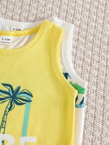 SHEIN Playful Pals 4件/套 嬰幼兒男童夏季套裝 淡黃色葉子印花上衣與短褲套裝 休閒海灘度假假日服裝 適用於0-3歲 - 彩色 - 查看 6