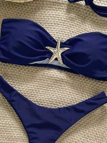 Swim Mod Bộ bikini hai mảnh màu trơn dành cho nữ, họa tiết sao biển trang trí kim loại, kiểu dáng gợi cảm, thích hợp cho mùa hè. - Màu xanh lam - Xem 5