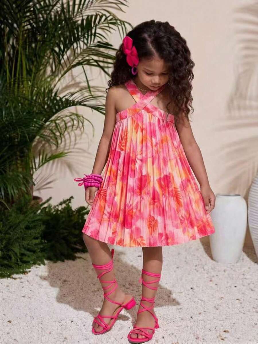 SHEIN 女童休闲无袖热带印花连衣裙，春夏新款 - 彩色 - 查看 1