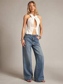 Hauture Women's Solid Color Halter Backless Tie Front Sleeveless Shirt, Sexy Summer - White - View 3