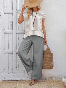 EMERY ROSE Women's Summer Casual Striped Shirt And Wide Leg Pants 2 Pieces Set Wide Leg Summer Pants Women Wide Leg Pants 2 Piece Casual Sets Woman Summer Pants Sets For Women Linen Pants Set - Multicolor - View 6