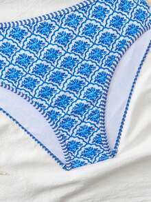 SHEIN 少女蓝色抹胸比基尼套装，碎花印花，度假沙滩泳装 - 藍色 - 查看 6