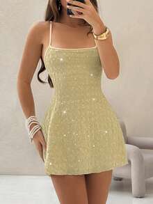 SHEIN Unity 浅绿色亮片提花露背系带迷你连衣裙，适合夏季度假 - 薄荷綠 - 查看 6