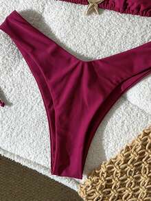 Swim Mod Bikini Halter Merah Polos Wanita dengan Detail Tali di Belakang dan Bagian Bawah Potongan Tinggi untuk Tampilan yang Menawan - Merah - View 5
