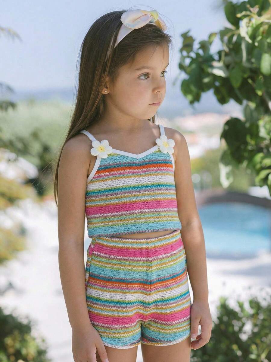 Emery Rose Kids Emery Rose Kids 两件套女童提花针织吊带背心和短裤套装 - 彩色 - 查看 1