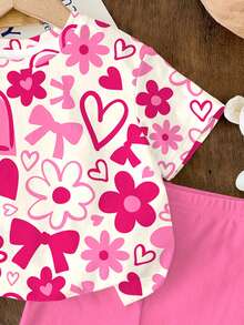 SHEIN Baby Girl Casual Coral Pink & Cute Floral Heart Print Round Neck Loose Short Sleeve T-Shirt And Bike Shorts Set, Suitable For Spring/Summer - Multicolor - View 6