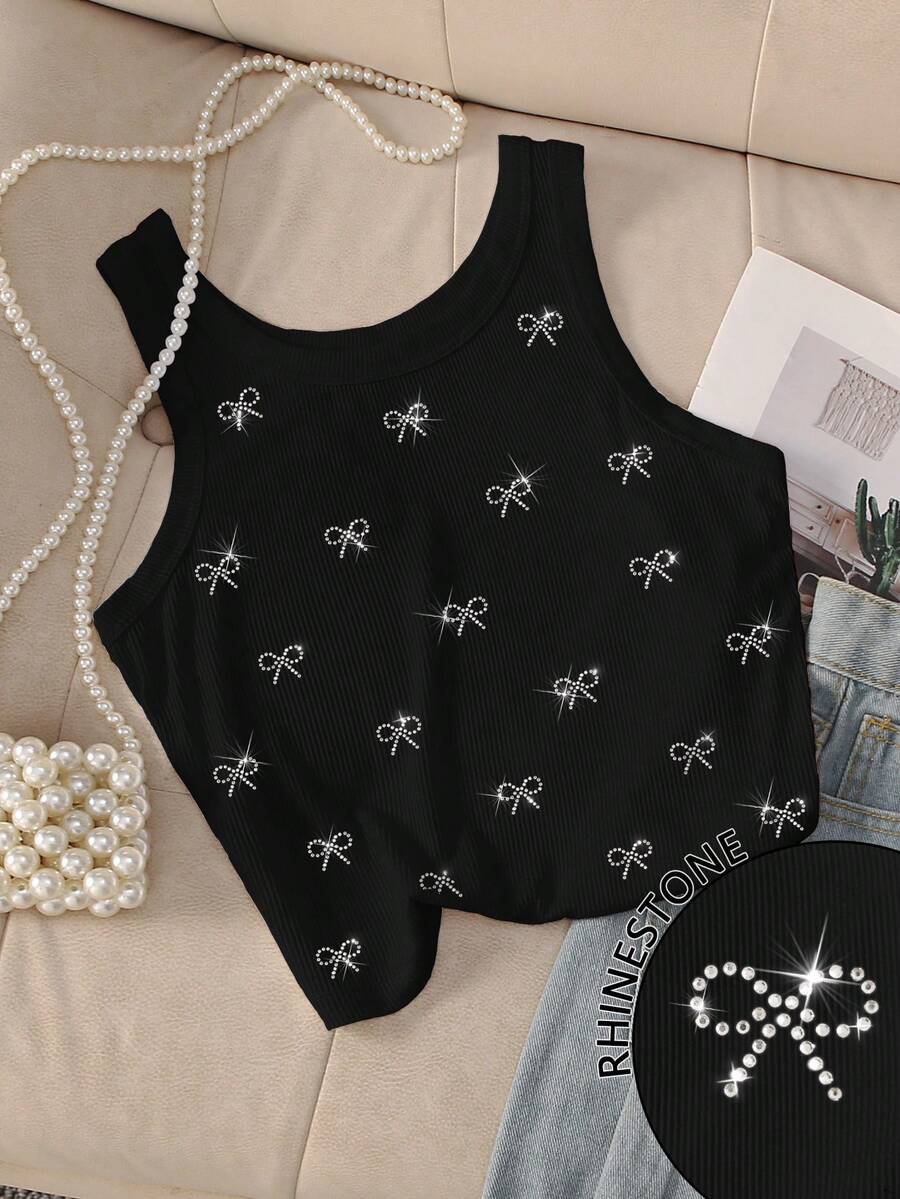 Resyla Camiseta de tirantes con cuello redondo y decoración de lazo de strass para mujer de talla grande - Negro - Ver 1