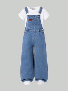 Tween Girls Y2K Casual Bib Overall Jumpsuit, All-Match Versatile Denim Romper, Hot Blue Washed Cargo Jumpsuit - Light Wash - View 1