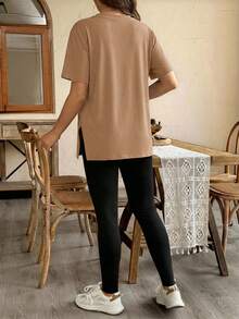 SHEIN 两件套孕妇侧开衩宽松上衣和紧身裤 - 摩卡棕 - 查看 2