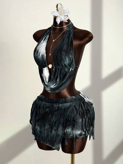 Zestiva Boho Music Festival Outfit, Rock Party Attire, Summer Beach Wear, Halloween Costume, Thanksgiving Outfit, Ranch Wear, Sexy Nightclub Outfit, Spaghetti Strap, Fitted Cut, Sexy Print, Summer Beach Vacation, European And American Style, Bohemian Style, Summer Tie-Dye Tie Dye Print Distressed Texture Fringe Fabric, Beaded Decor Top And Mini Skirt Set