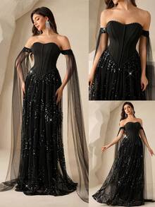 Coutiva Vestidos de fiesta de moda para mujer con hombros descubiertos - Negro - Ver 3