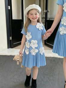 SHEIN Young Girl Elegant Solid Red Round Neck 3D Floral Decor Ruffle Hem A-Line Dress - Blue - View 4