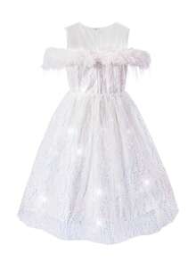 女童白色网纱亮片连衣裙，圆领无修饰羽毛优雅连衣裙，高端网纱薄纱连衣裙，适合各种场合穿着，如派对、婚礼、生日等 - 白色 - 查看 2