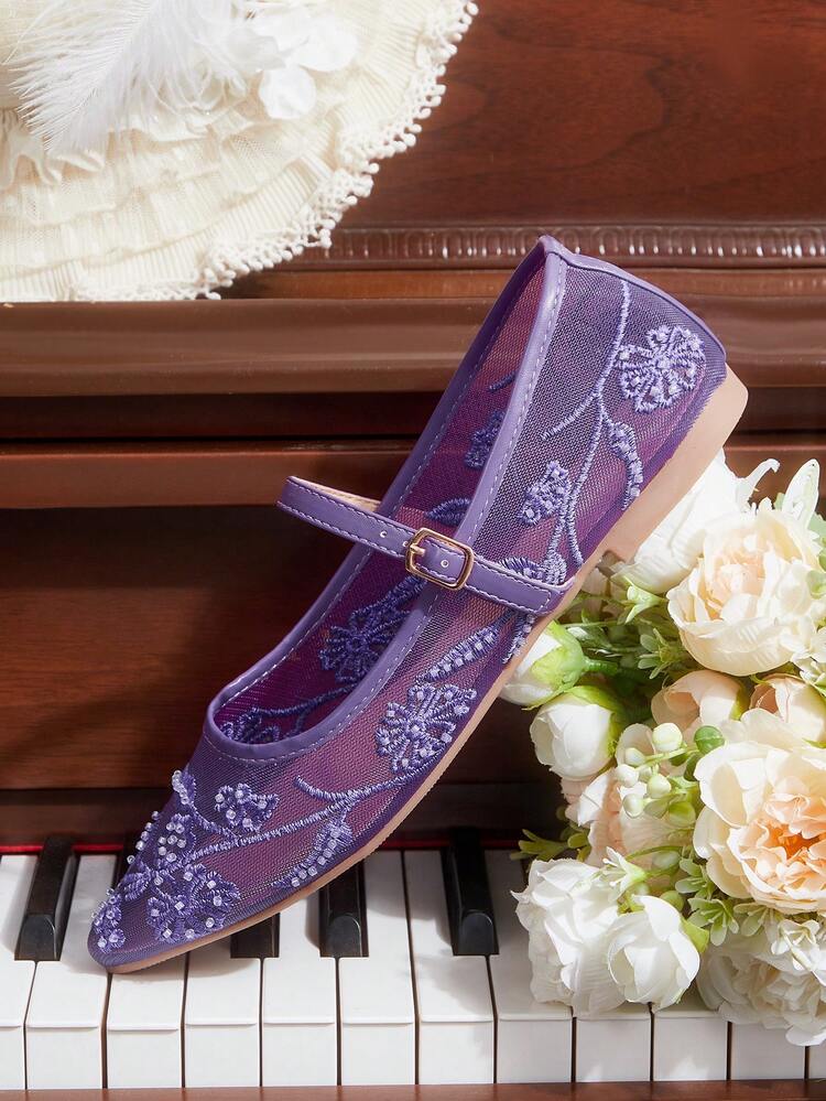 CUCCOO HITCHD Women's Elegant Commuter Flats With Floral Embroidery, Mesh And Pearl Decor Wedding Shoes Spring Shoes Bride Shoes