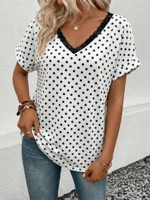 Selamara Áo thun nữ tay ngắn cổ chữ V họa tiết chấm bi và viền ren, hàng mới về mùa hè. - Nhiều màu - Xem 3