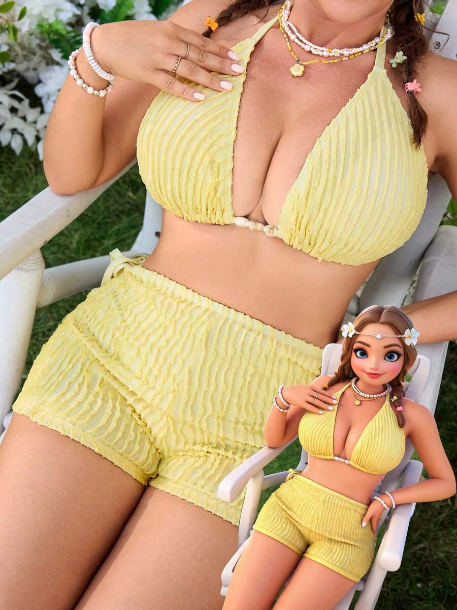 Swim Mod 大码女式三件套抽绳三角内裤和高腰短裤休闲泳装套装 - 黃色 - 查看 1