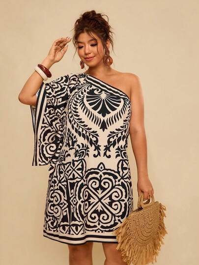 Travachic Plus Size Casual Asymmetric Shoulder Floral Print Short Dress For Summer One Shoulder Dress Curve One Sleeve Dress One Shoulder Summer Dress Boho Dress Women, Resort Dresses For Women, Island Holiday Outfit, Havana Outfit, Summer Outfit, Spring Outfit, Beach Outfits,Tropical Outfit