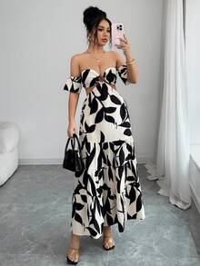 Elenzga Women's 2026 Spring/Summer New Elegant Off-Shoulder Hollow-Out Dress - Apricot - View 4