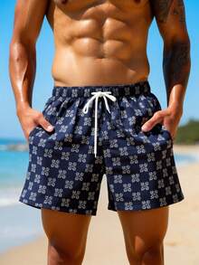 Manfinity Swimmode Men's Summer Vacation All-Over Print Drawstring Waist Slant Pocket Beach Shorts - Navy Blue - View 4