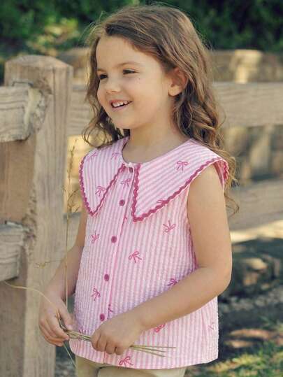 SHEIN Camisa casual ajustada con cuello Peter Pan tejida para niña joven