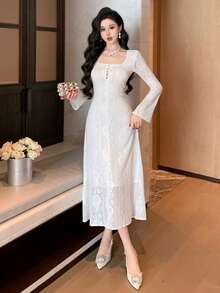 Joudiya Đầm ren trắng họa tiết mùa xuân hè, đầm dự tiệc thời trang, đầm cưới/tiệc chiêu đãi/đầm dạ hội thanh lịch, dáng ôm eo, viền bèo nhún, tay chuông, dài ngang gối dành cho nữ. - trắng - Xem 7