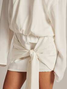SHEIN Haute Women's Draped Long Sleeve Drop Waist Dress With V Neck Office Wear - White - View 5