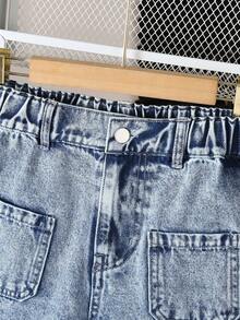 Celana Pendek Denim Retro untuk Anak Perempuan Remaja, Biru Muda, Kasual Musim Panas, Sekolah, Lembut, Longgar, Potongan Lurus, Desain Dua Saku di Depan, Nyaman untuk Pakaian Luar Sehari-hari - Medium Wash - View 5