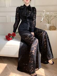 DAZY Elegant Black Floral Autumn Party 2-Piece Outfit,Flocked Ditsy Floral Chiffon Blouse Cardigan & Straight Leg Lace Pants Set,Formal Wedding Occasion - Black - View 10