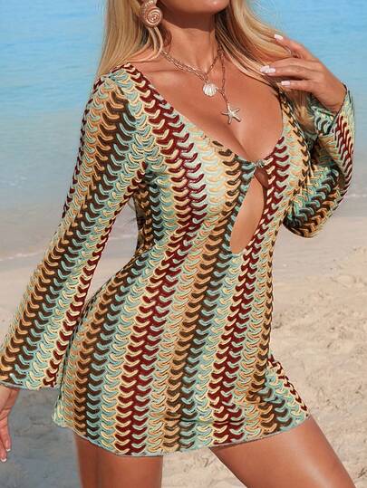 Swim Vcay Women's Deep V-Neck Color Block Flare Hem Casual Vacation Elegant Hollow Out Beach Cover Up Dress