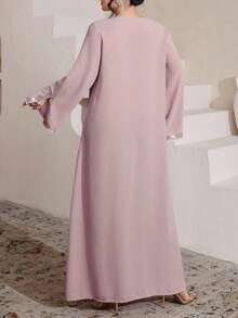 Al Najma Luxurious Embroidered & Beaded Loose Long Sleeve Split Maxi Dress, Turkish & Arabic Traditional Style - Purple - View 2