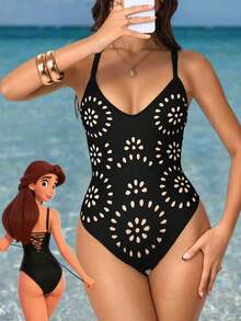 Shapewave Traje de baño de una pieza de unicolor con espalda descubierta y ajustable, con control de abdomen, corte alto estilizante, adecuado para vacaciones en la playa en verano - Negro - Ver 3