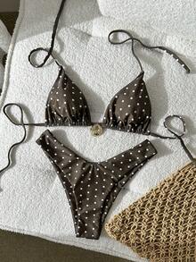 Swim Mod 女士黑白波点随机印花挂脖金属装饰比基尼套装，春夏款 - 彩色 - 查看 1