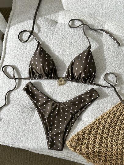 Swim Chiccia Women's Black & White Polka Dot Random Print Halter Metal Decor Bikini Set, Spring/Summer