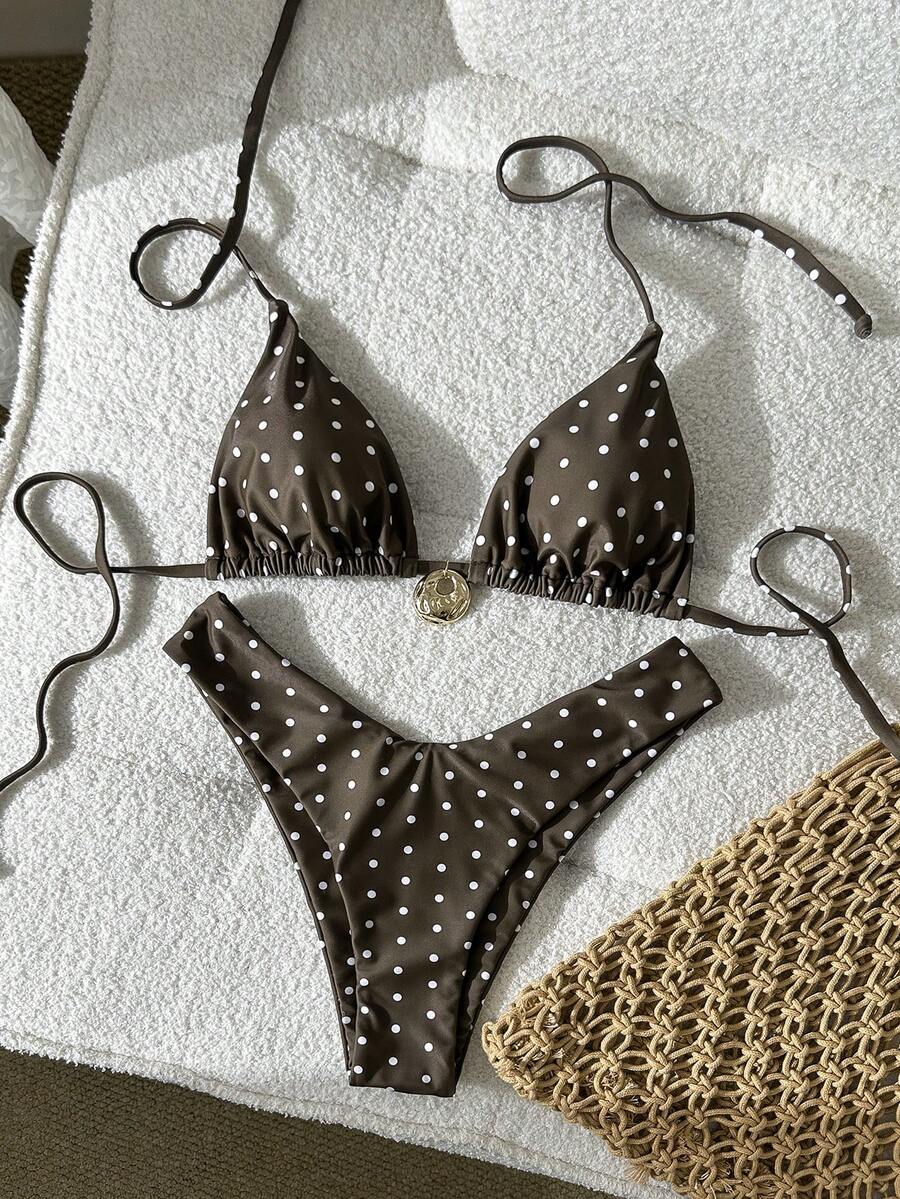 Swim Mod 女士黑白波点随机印花挂脖金属装饰比基尼套装,春夏款 - 彩色 - 查看 1