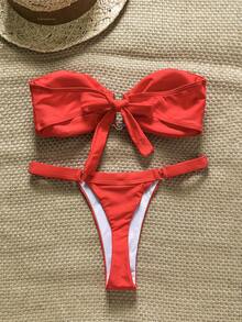 Swim Chiccia Springbreak 女士纯色抹胸金属装饰上衣和丁字裤比基尼两件套，简约夏季泳装 - 紅色 - 查看 2