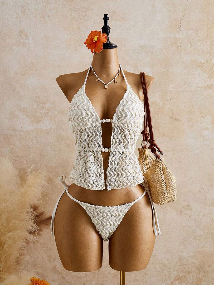 Bellisia Bộ bikini hai mảnh màu hồng jacquard họa tiết dễ thương, ngọt ngào, thích hợp cho kỳ nghỉ hè, đi biển, với dây đeo mảnh, dành cho nữ. - Nhiều màu - Xem 1