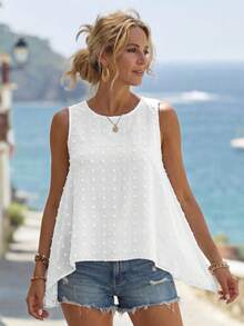 EMERY ROSE 夏季时尚白色镂空圆领不对称下摆 A 字形背心，修身版型 - 白色 - 查看 4