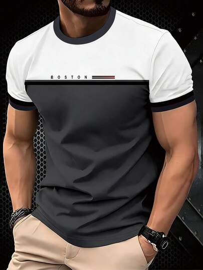 Manfinity Homme Men's Classic Contrast Color Paris Letter Print Round Neck T-Shirt