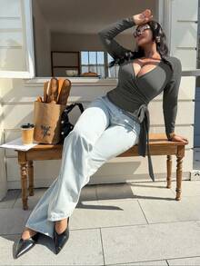 Easura Plus Size Women V-Neck Cotton Casual Criss-Cross Design Long Sleeve Top Wrap Tops For Women Deep V Neck Top Tops For Women Sexy Twist Front Top Long Sleeve Tops For Women - Dark Grey - View 4