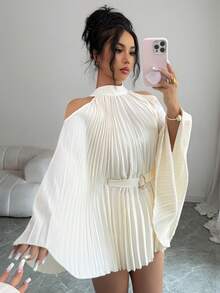 SHEIN Elenzya 优雅度假风束腰喇叭袖中长款女式衬衫 - 杏色 - 查看 1