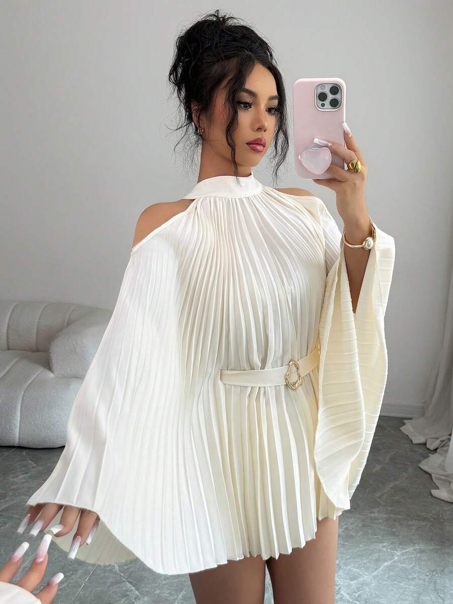 SHEIN Elenzya 优雅度假风束腰喇叭袖中长款女式衬衫 - 杏色 - 查看 1