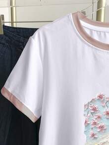 Resyla Áo thun nữ tay ngắn cổ tròn, phối màu, in hình khẩu hiệu và tranh vẽ. - Nhiều màu - Xem 5