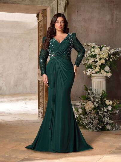 Aureia 大码优雅浪漫绿色不对称简约垂褶薄纱下摆正式礼服，适合网红派对、庆典、正式活动、奢华晚礼服（精致设计）