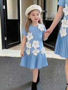 SHEIN Young Girl Elegant Solid Red Round Neck 3D Floral Decor Ruffle Hem A-Line Dress - Blue - View 2