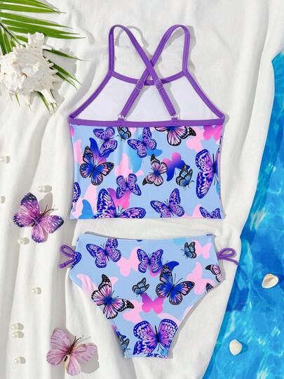 Young Girls 2-Piece Tankini Swimwear, Cute Butterfly Print Top With Adjustable Straps, Matching Butterfly Tie-Side Bottom, Fashionable Casual Elegant Design, Suitable For Swimming, Summer Vacation, Beach, Pool, Holiday Party