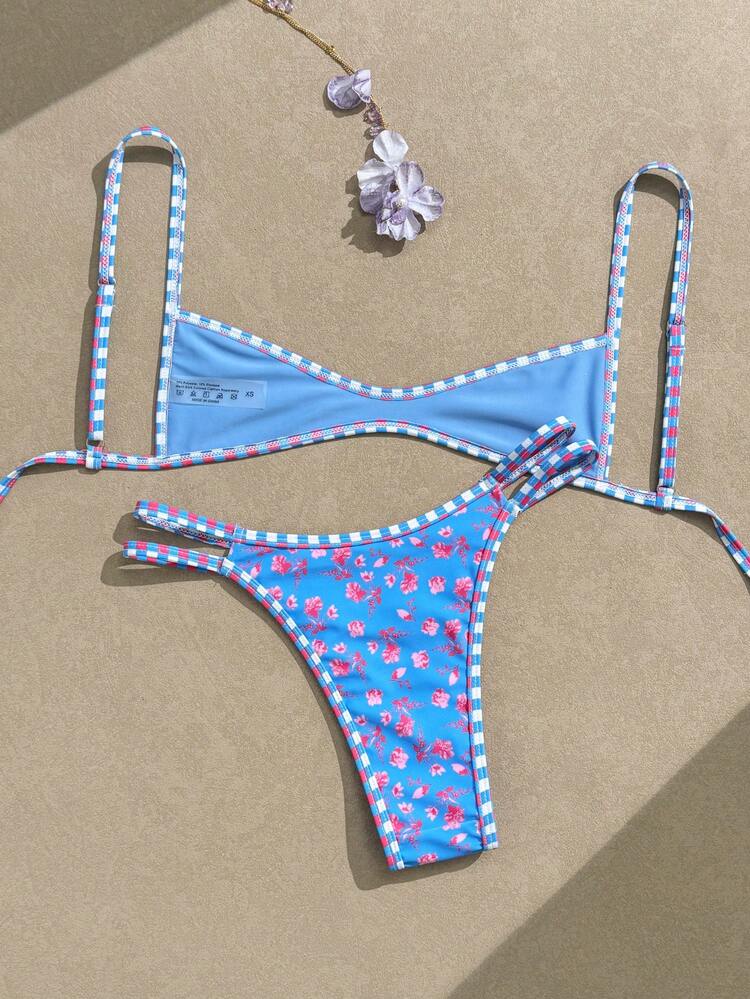 Swim Mod Women's Blue Floral Bikini Set,Sweet Contrast Plaid Fringe Reversible Two Pieces Swimwear,Tie-Side Thong,Summer,Casual,Holiday,Vacation,Holiday Beach - Multicolor - View 3
