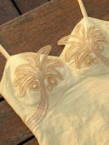 CAJUNI Embroidery Palm Tree Summer Vacation Dress Butter Yellow - Light Yellow - View 6