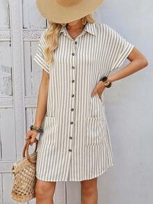 EMERY ROSE 女士条纹印花口袋休闲短袖衬衫裙 - 彩色 - 查看 6