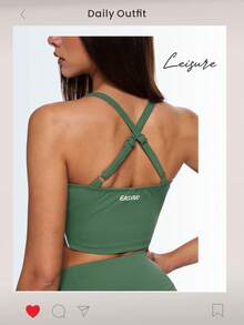 Eassivo Eassivo Women's Moss Green Strappy Crop Top, Cross‑Back Adjustable Straps, Smooth Stretch Fabric, Logo Back Detail, Yoga Top With Bra - Army Green - View 2
